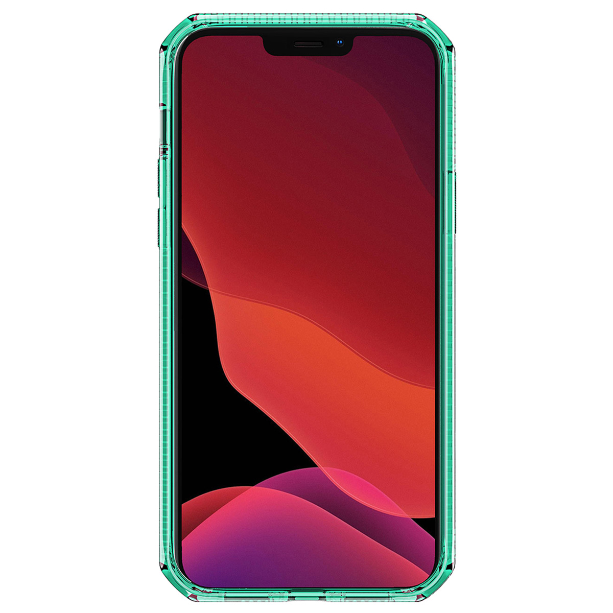 Uno smartphone con bordo verde e sfondo rosso e viola.