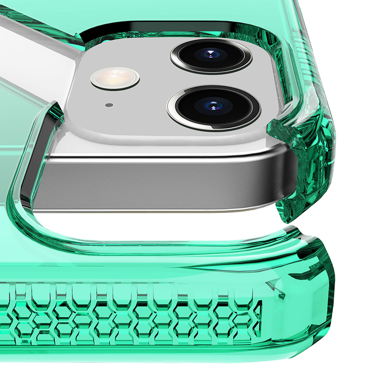 Primo piano di una custodia per telefono verde acqua trasparente con lenti della fotocamera.