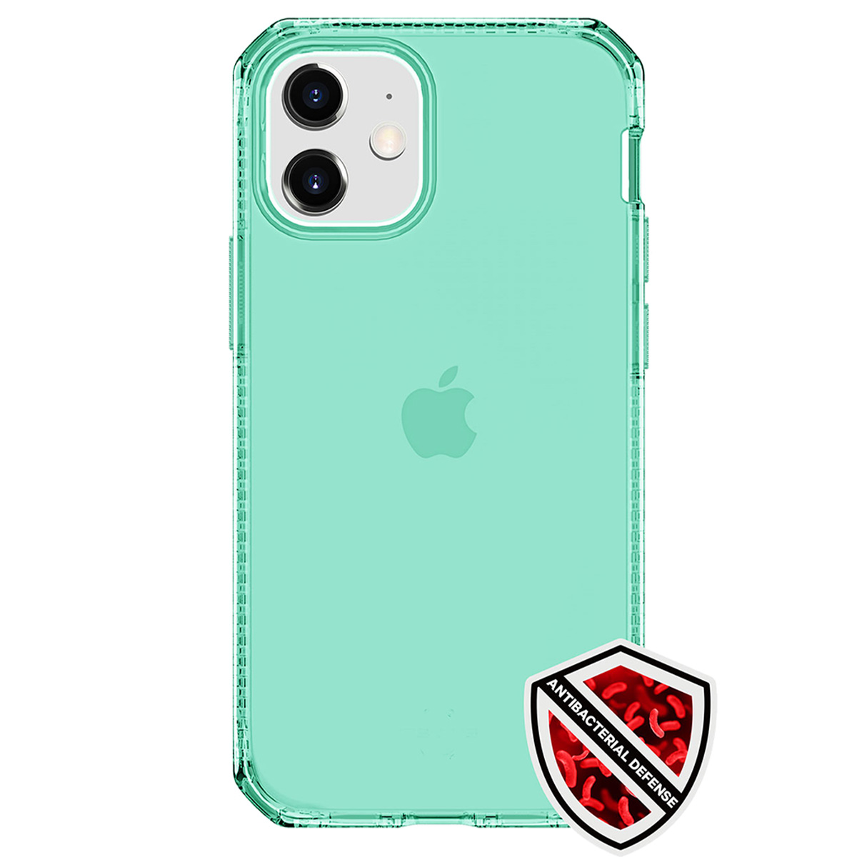 Una custodia per iPhone turchese con due fotocamere e un logo a scudo.