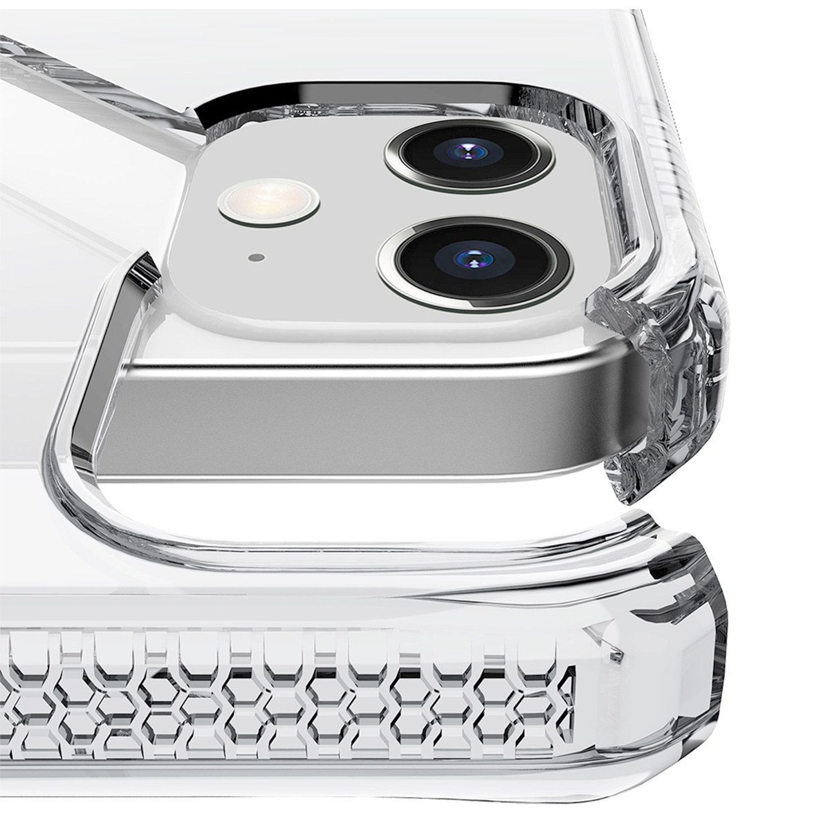 Custodia trasparente per telefono con due obiettivi della fotocamera e flash su sfondo bianco.