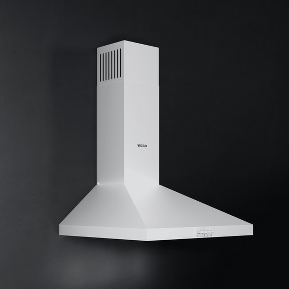 A white range hood with vents at the top and controls at the bottom.