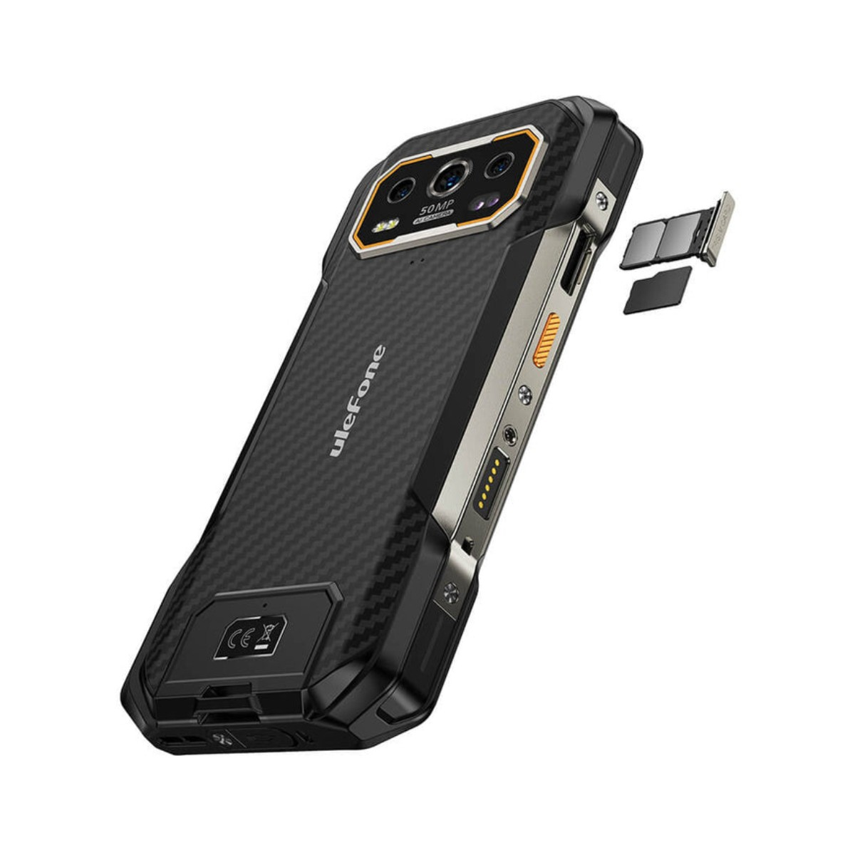 Wytrzymały smartfon z wzorem karbonu, aparat 50MP, tacka SIM otwarta.