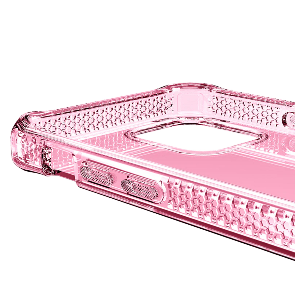 Custodia trasparente rosa per telefono con motivo a nido d'ape e ritagli per fotocamera.
