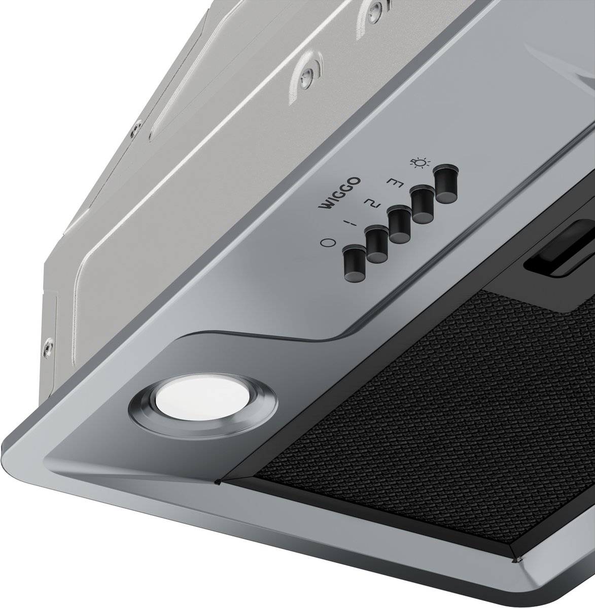 Une hotte argentée avec des commandes noires et une lumière.