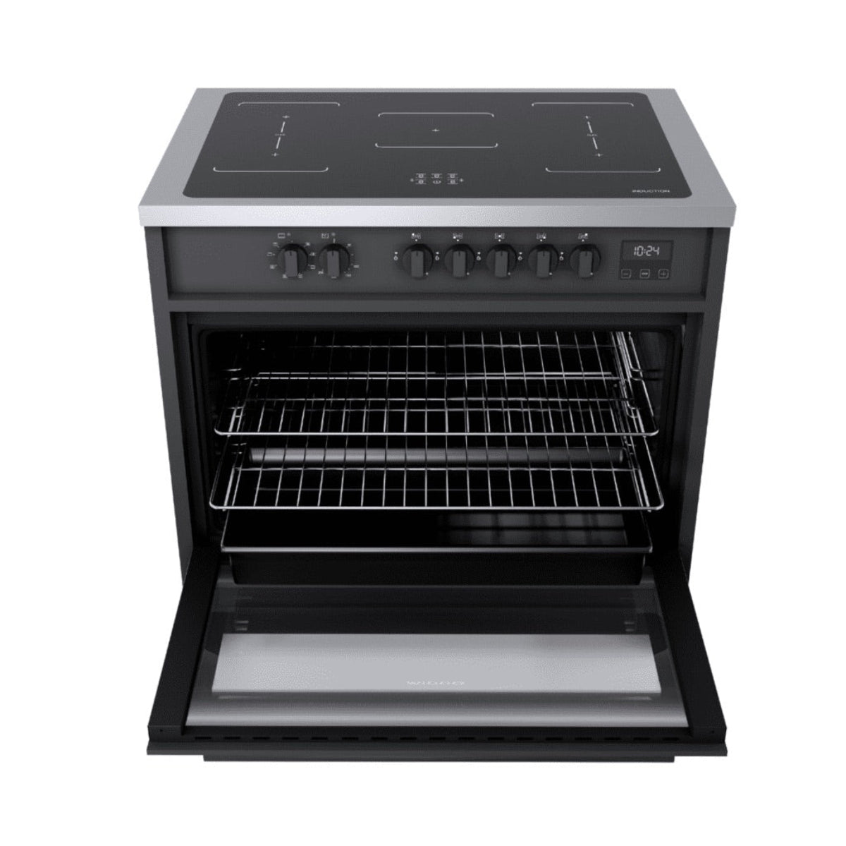 A modern induction cooker with an open oven and two racks.
