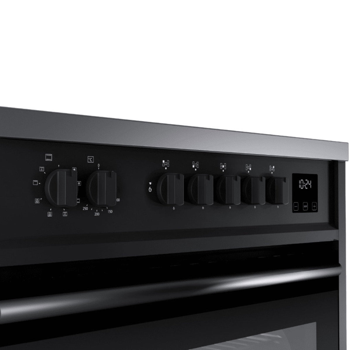 Black oven control panel with five knobs and a 10:24 digital display.