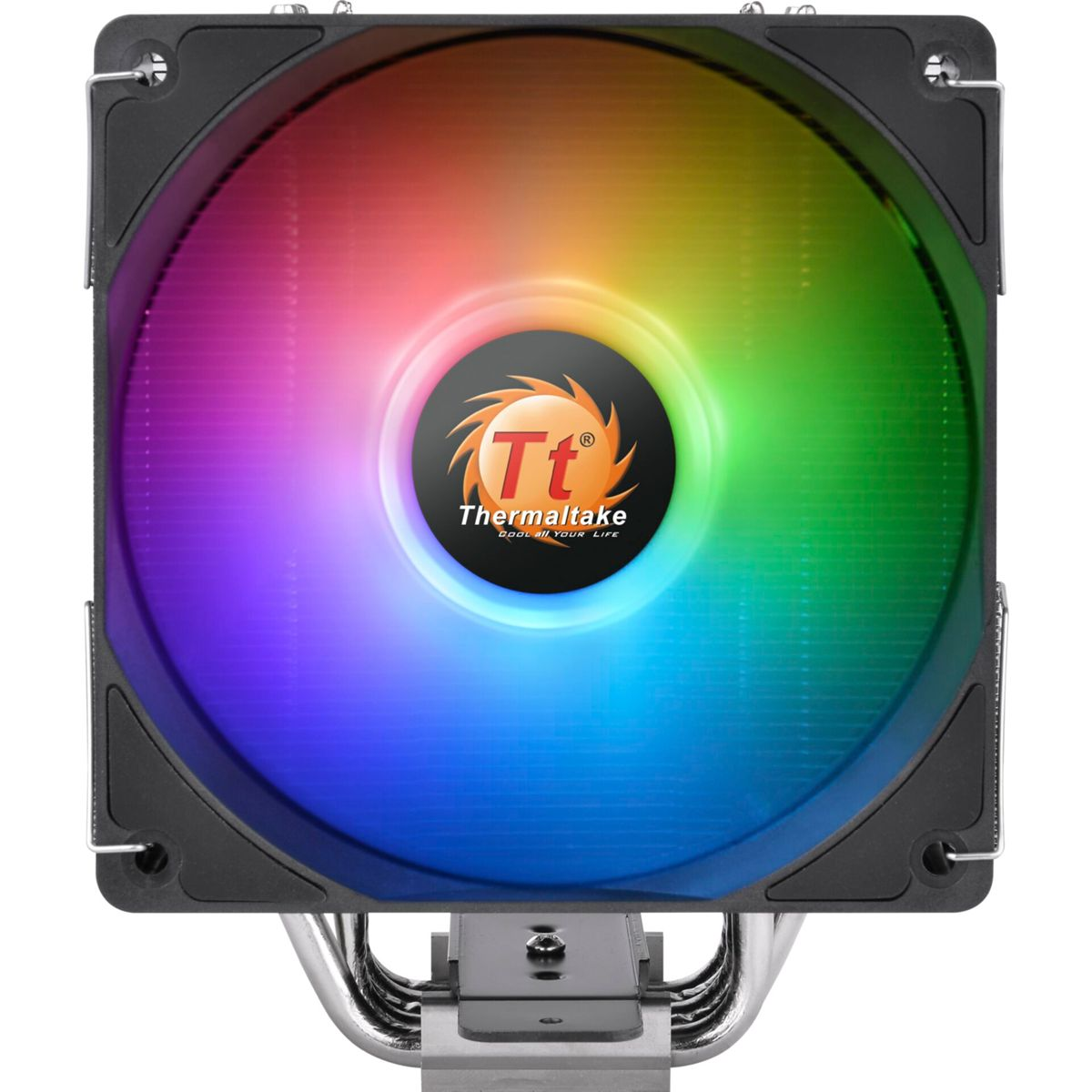 Ein schwarzer Computerlüfter mit einem Regenbogen-LED-Licht und dem Thermaltake-Logo.