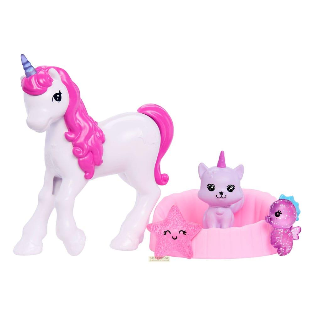 Biały jednorożec z różową grzywą i różowa miska z fioletowym kotkiem.