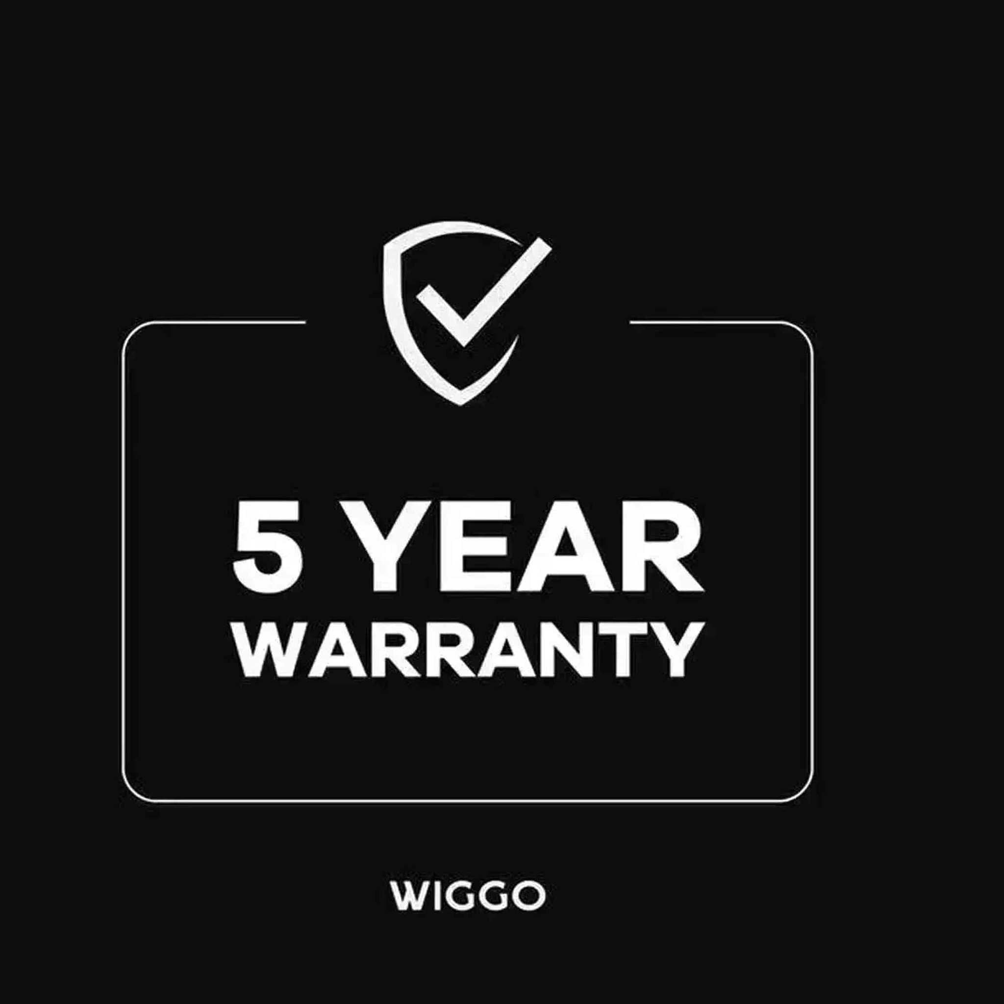 5 Year Warranty with shield and checkmark icon, below is WIGGO.