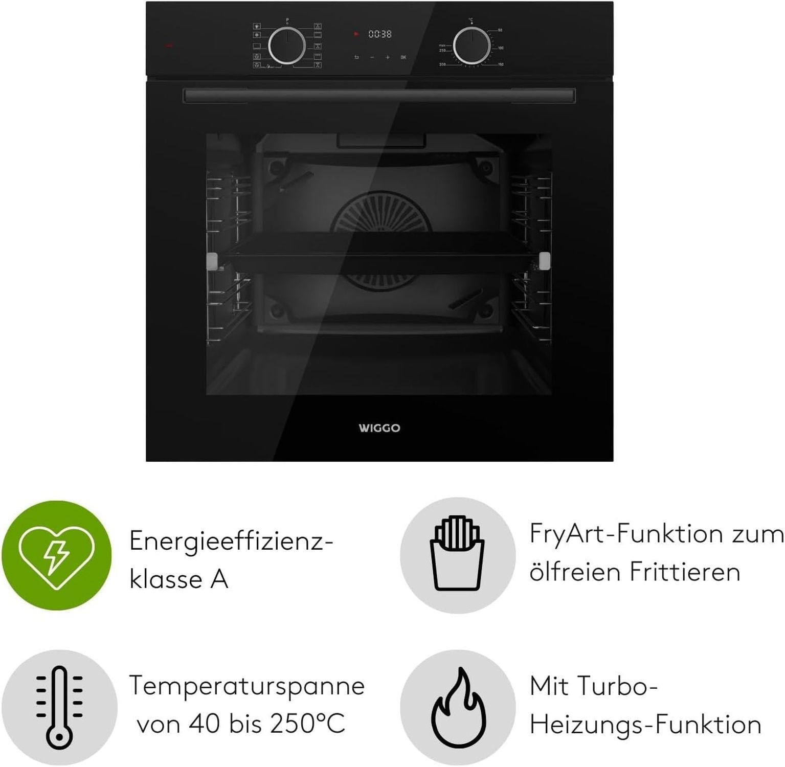 Un four noir moderne avec écran tactile et icônes d'efficacité énergétique, température, friture et turbo.