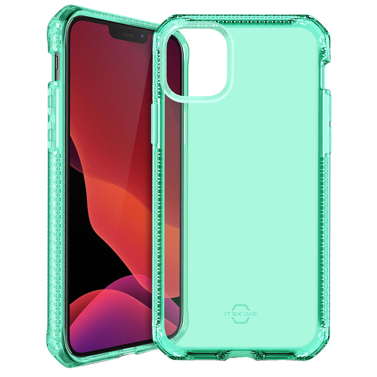 Una custodia trasparente color acqua accanto a uno smartphone con sfondo rosso.