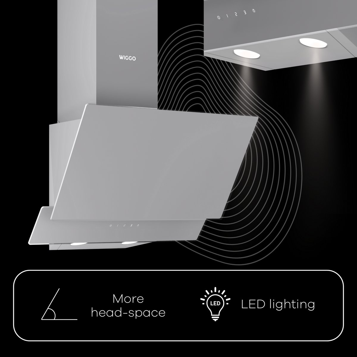 Hotte aspirante grise avec éclairage LED et texte pour plus d'espace libre.