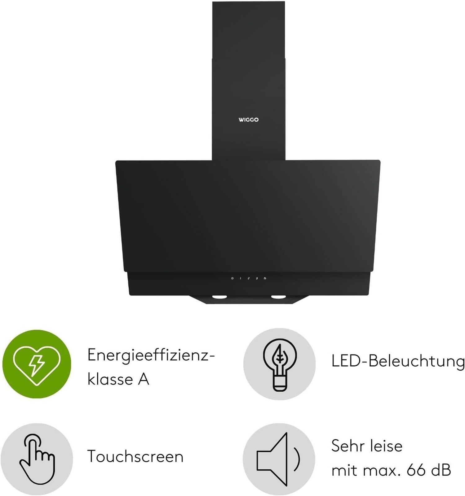 Hotte aspirante noire avec écran tactile, éclairage LED, efficacité énergétique A.