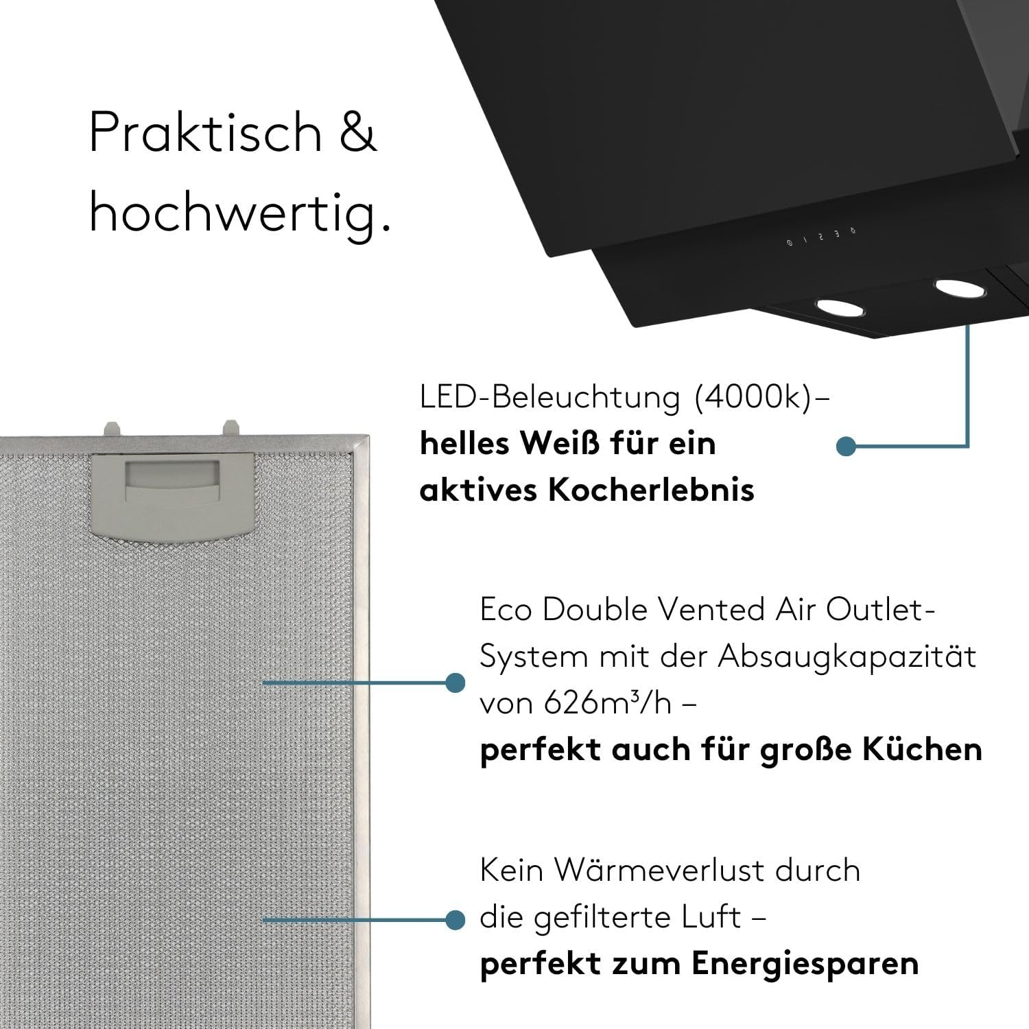 Hotte pratique avec éclairage LED, capacité 626m³/h.