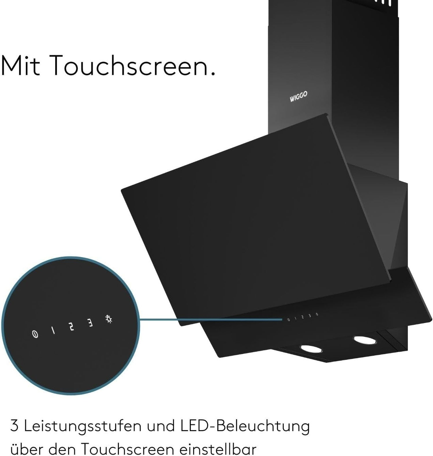 Hotte aspirante noire avec écran tactile pour régler la vitesse et la lumière.