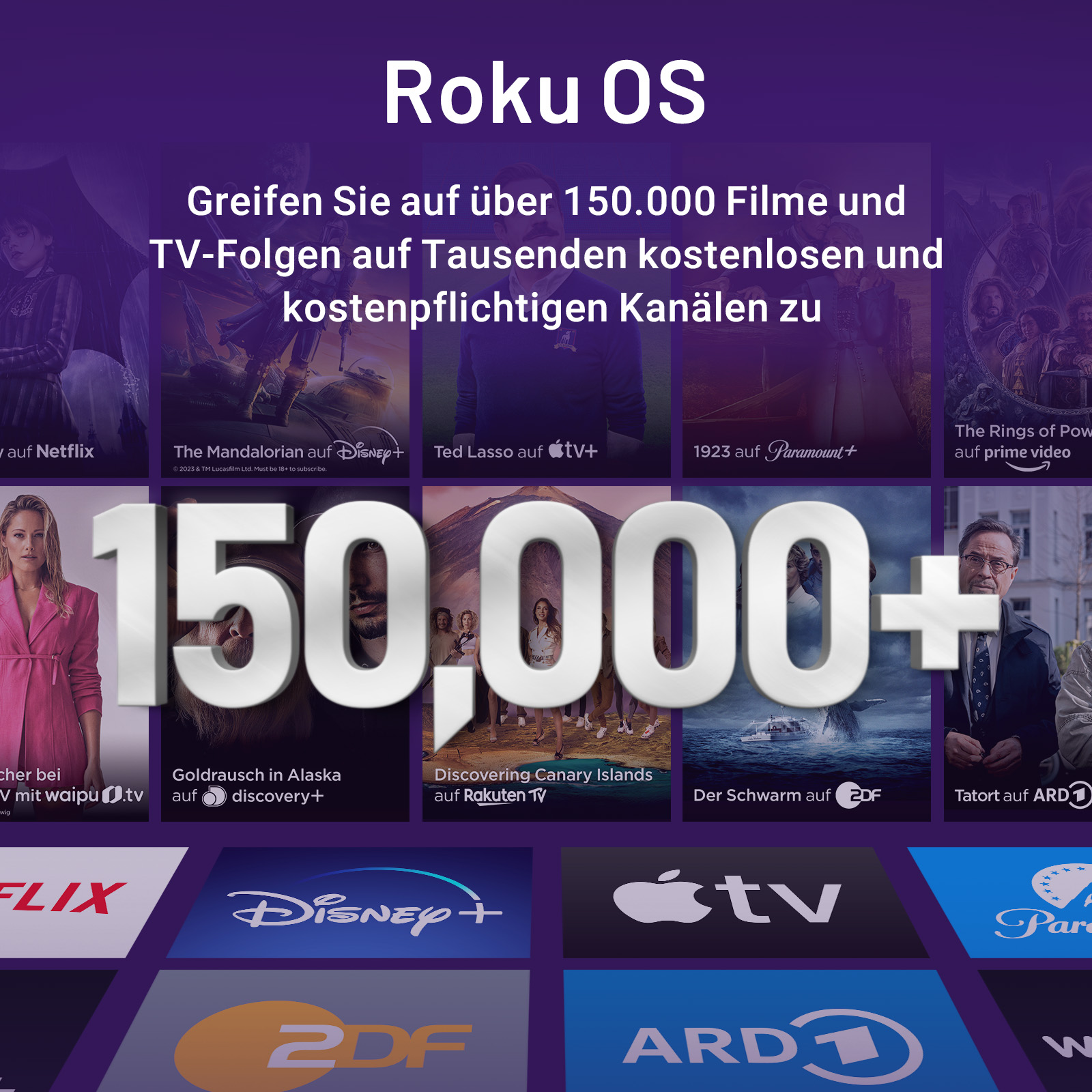 Roku OS: Über 150.000 Filme/Serien auf kostenlosen & kostenpflichtigen Kanälen.