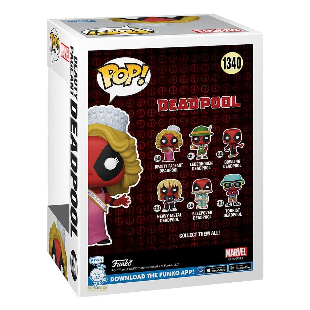 Scatola Funko Pop! di Deadpool che mostra varie figure di Deadpool.