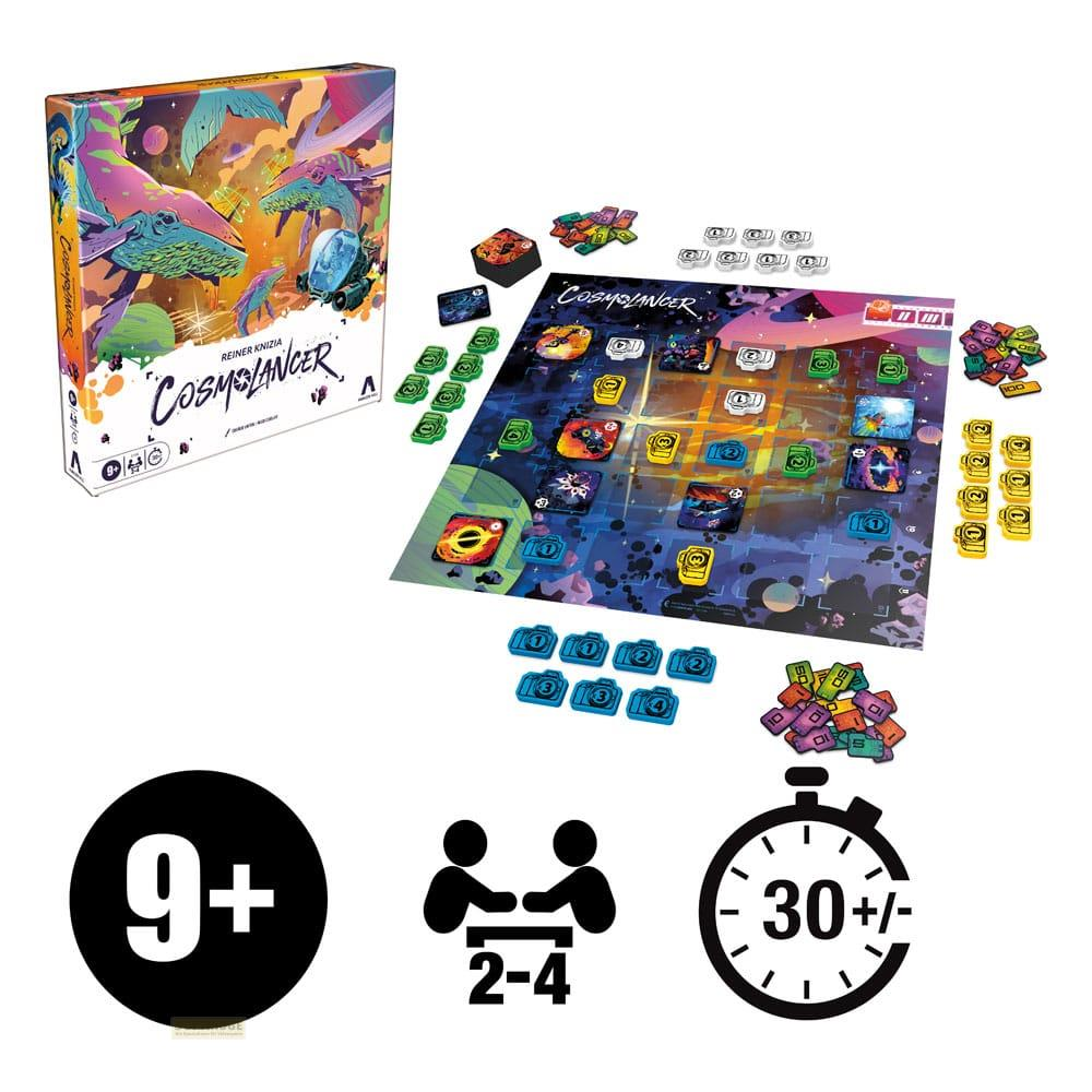 Gioco da tavolo Cosmlancer con scatola, tabellone, carte e segnalini. Età e numero giocatori.