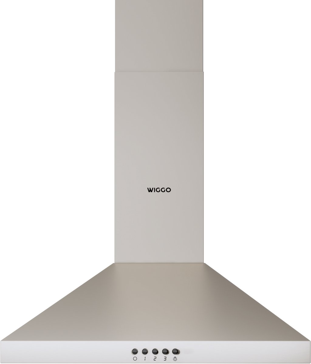 Une hotte de cuisinière argentée et épurée avec commandes et logo 'WIGGO'.
