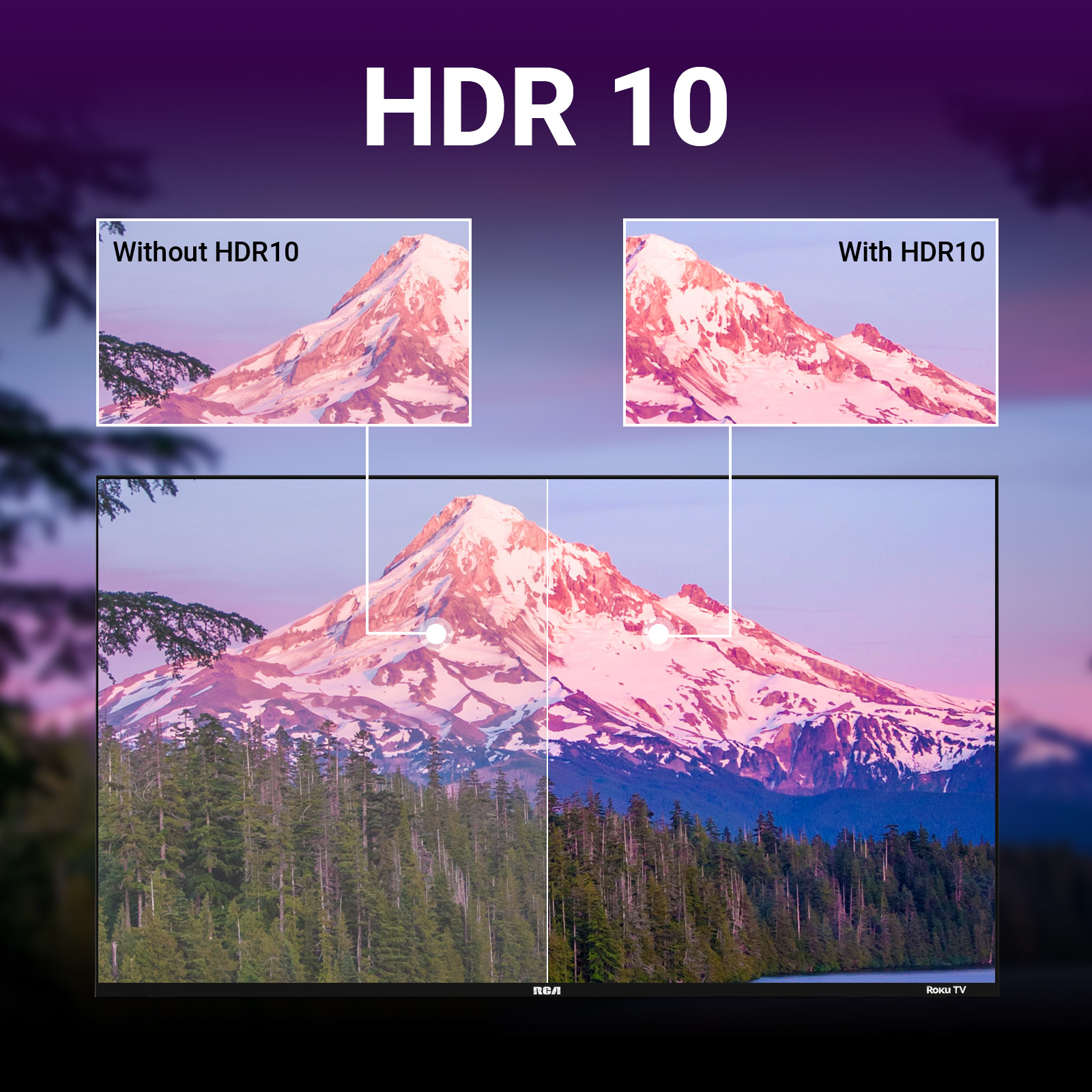 Vergleich von HDR10-Bildschirm: Berg mit Bäumen davor. Links ohne, rechts mit HDR10.