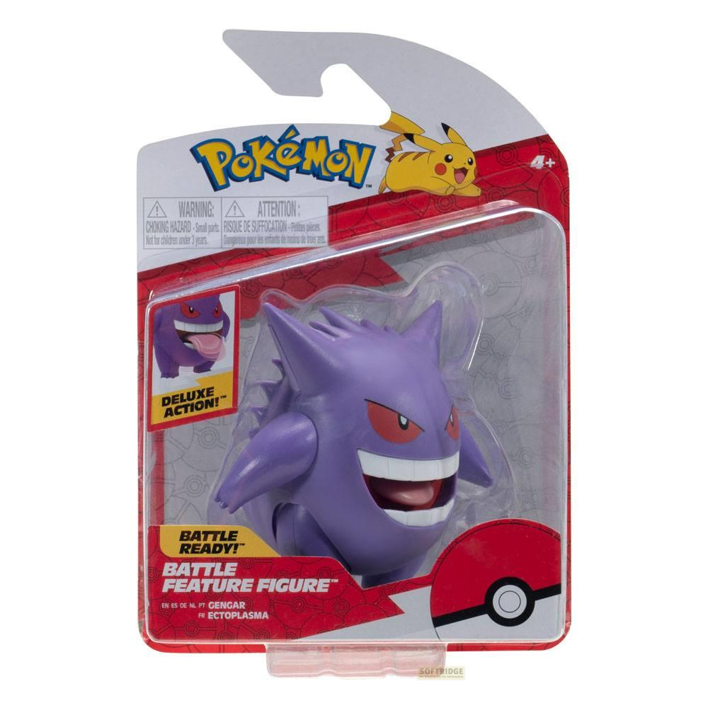 Lila Pokémon-Figur Gengar in Verpackung, mit Pikachu auf der Verpackung.
