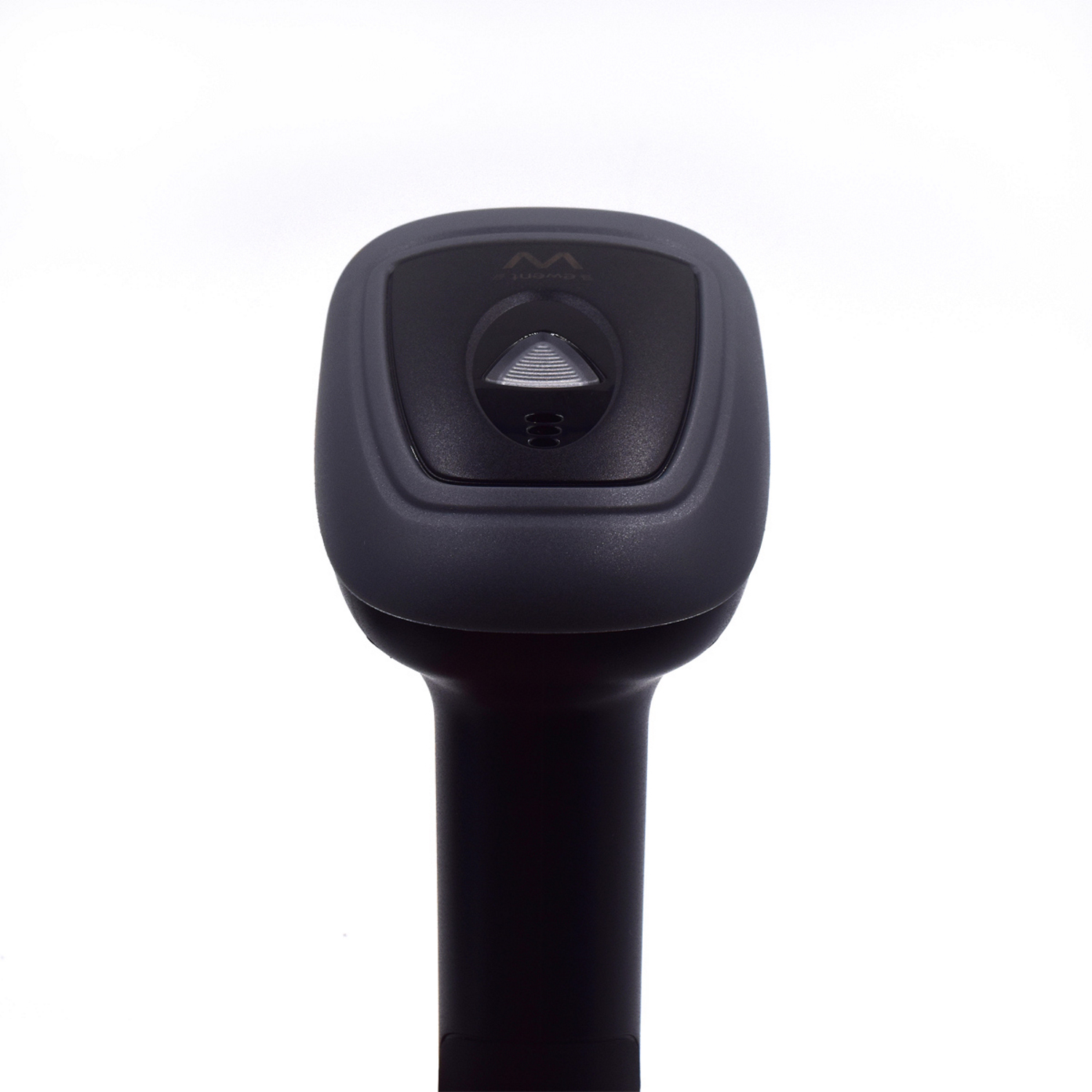 Uno scanner di codici a barre scuro con una finestra e tre luci.