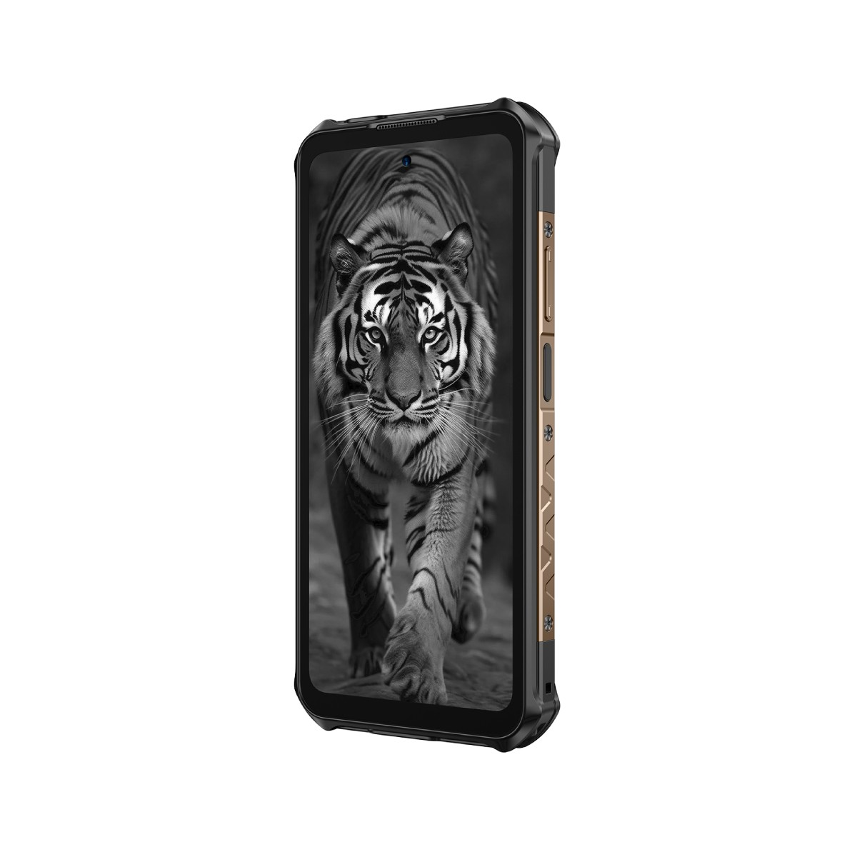 Smartfon wyświetla czarno-biały obraz tygrysa idącego w stronę widza.