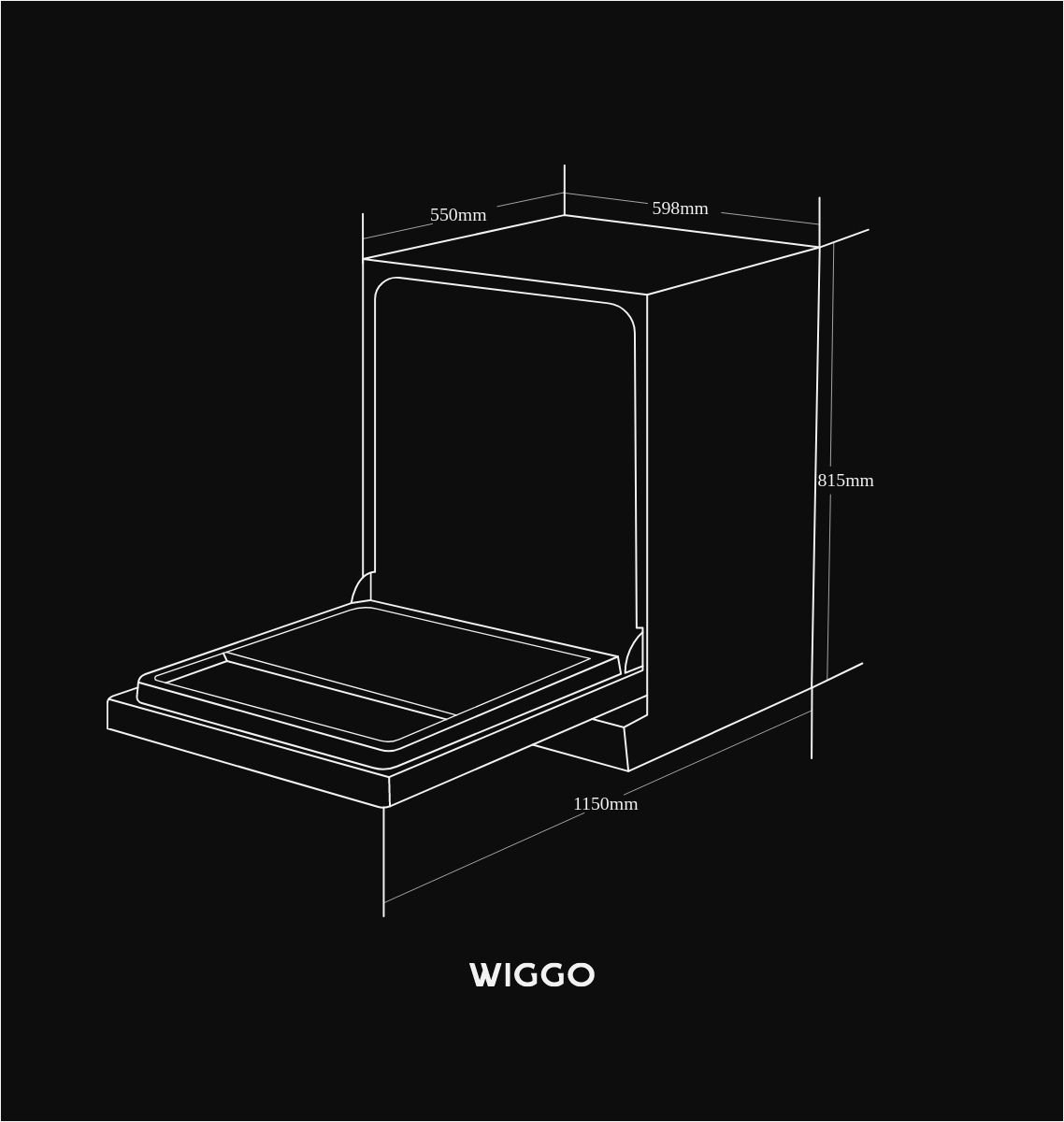Technical drawing of an open dishwasher with dimensions.