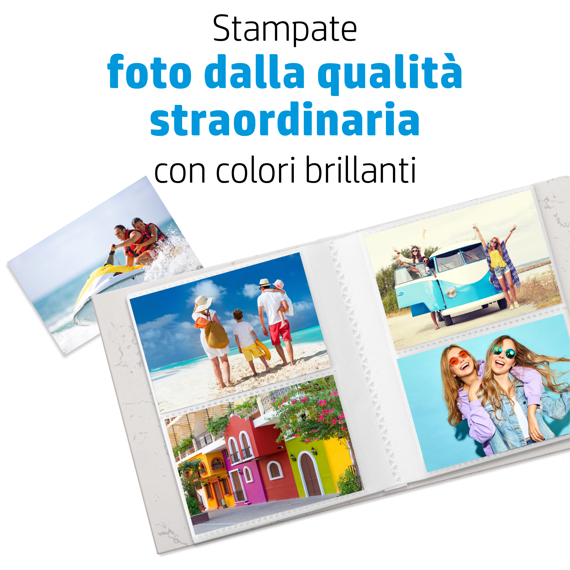 Un collage di foto con scene di vacanza: sport acquatici, famiglia in spiaggia, bus hippie e amici.