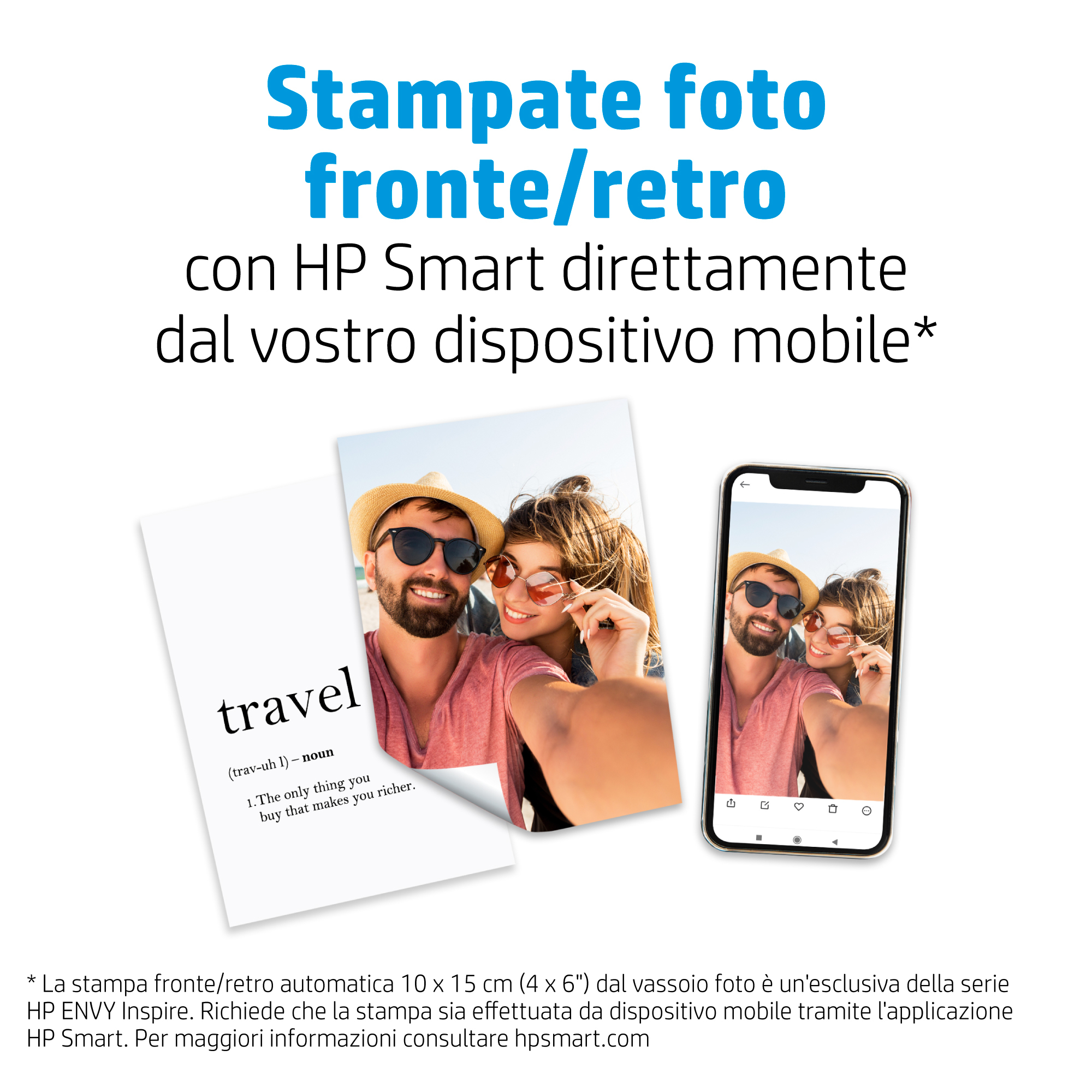 Una coppia si scatta un selfie in spiaggia. A sinistra un foglio con la parola 'travel'.
