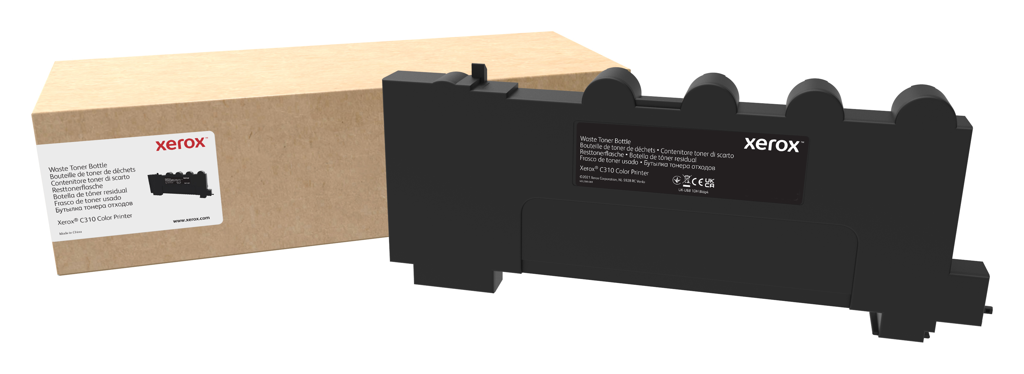 Un contenitore toner di scarto nero Xerox C310 accanto a una scatola di cartone.