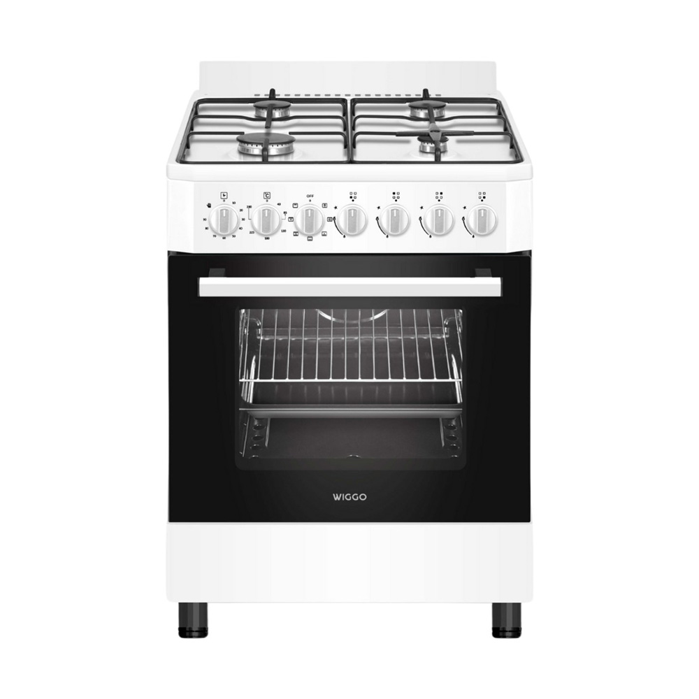 Een witte gasfornuis met vier branders, een oven en bedieningsknoppen.