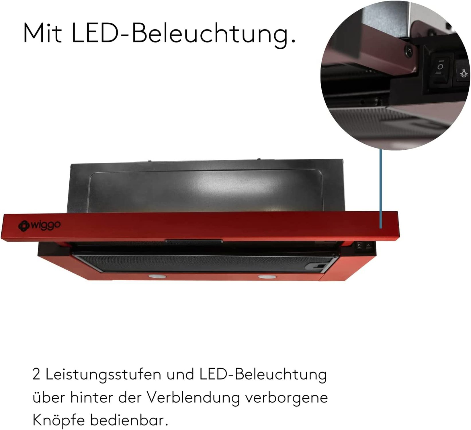 Hotte aspirante rouge avec lumière LED et boutons cachés. Vue détaillée des commandes.