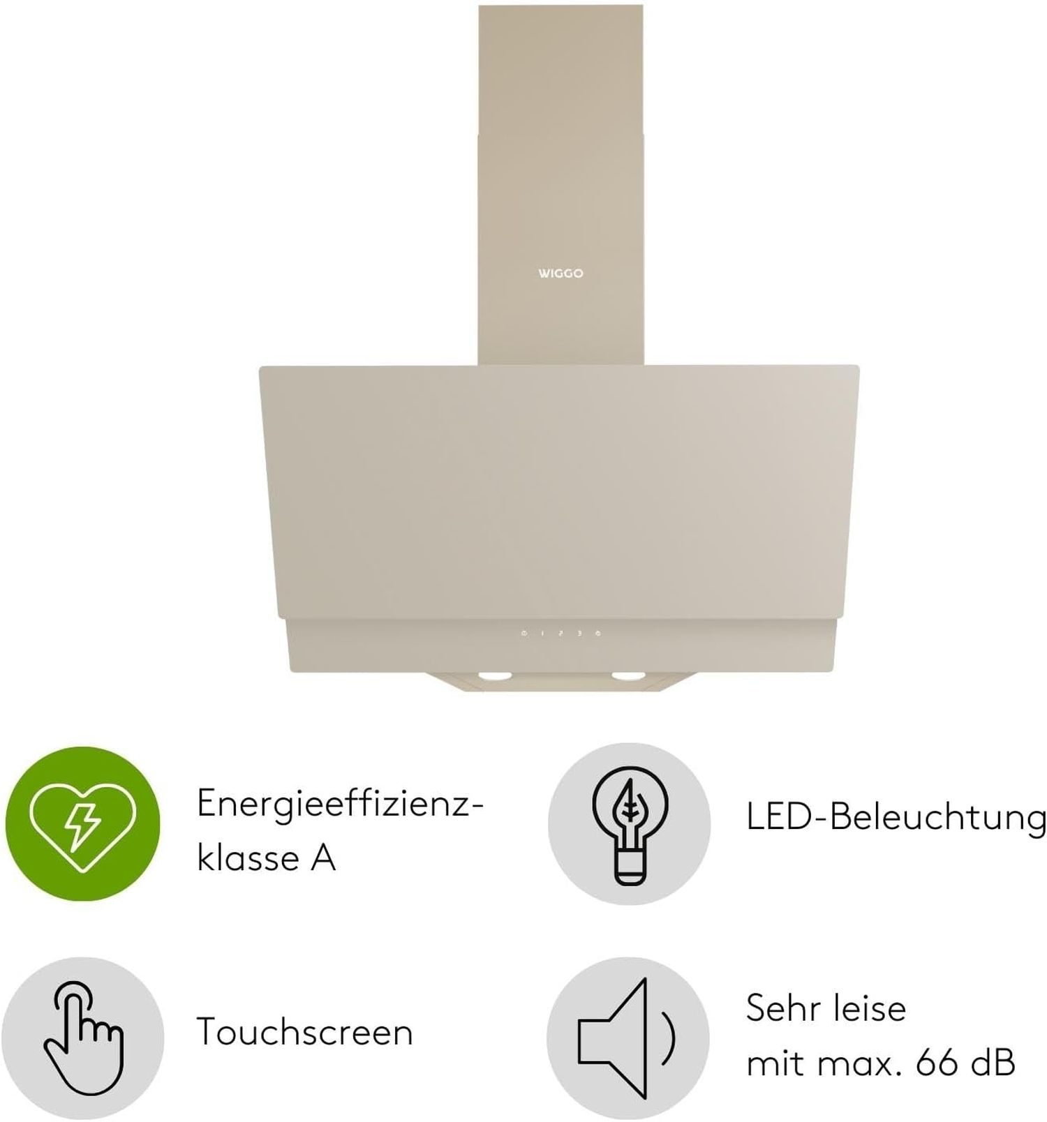 Hotte aspirante beige avec écran tactile, lumière LED et faible niveau sonore.