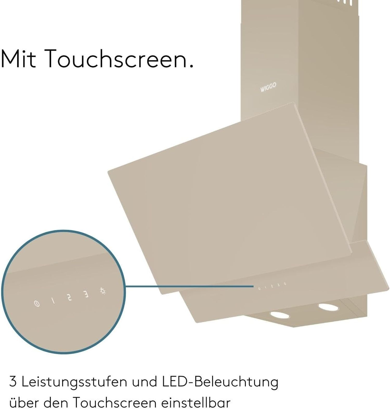 Une hotte de cuisine beige avec panneau de commande tactile et lumières LED.