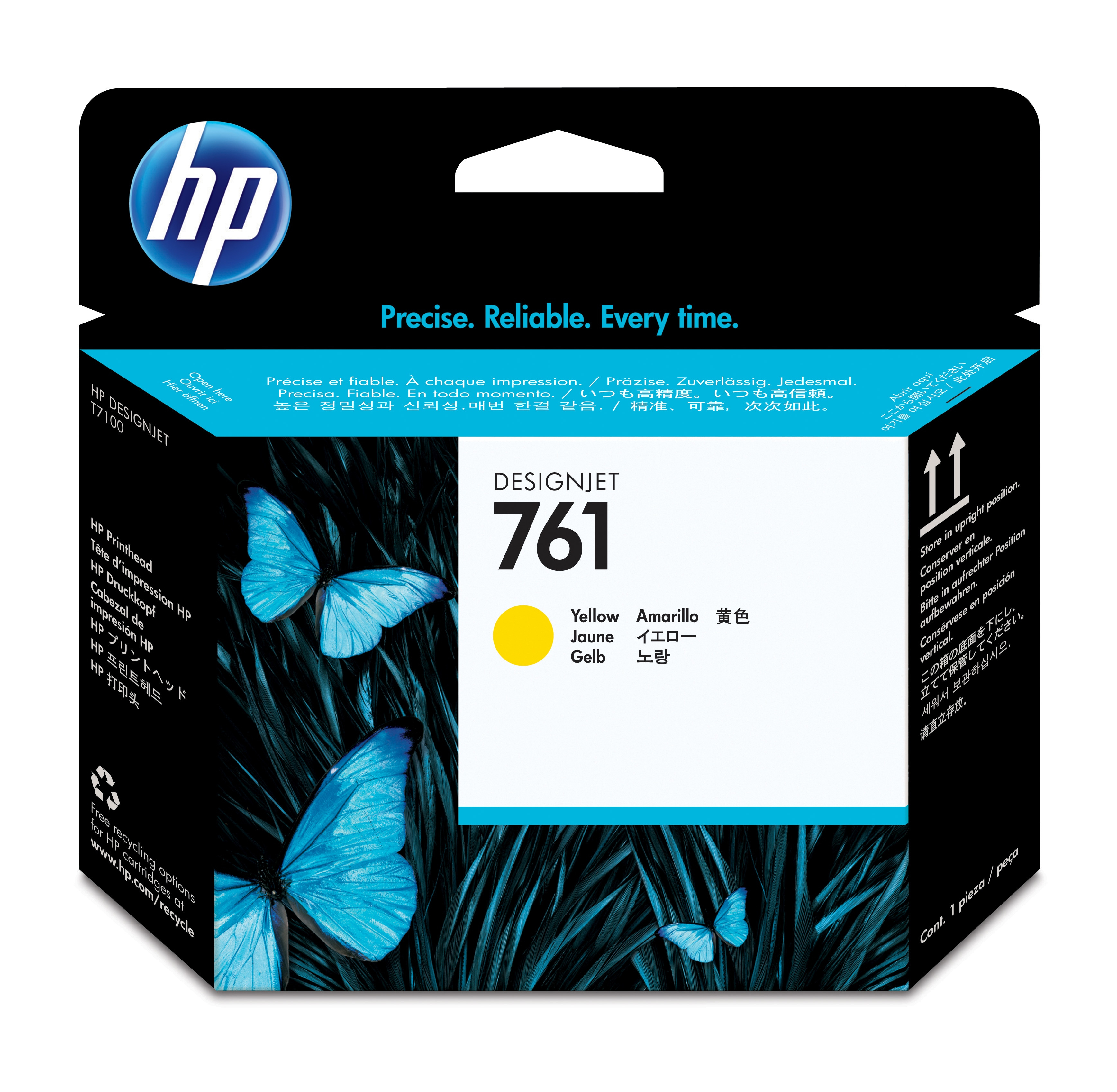 Cartuccia d'inchiostro gialla HP Designjet 761 con disegno di farfalla e logo HP.