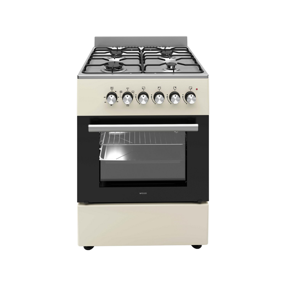 Une cuisinière à gaz couleur crème avec une porte de four noire et des boutons argentés.
