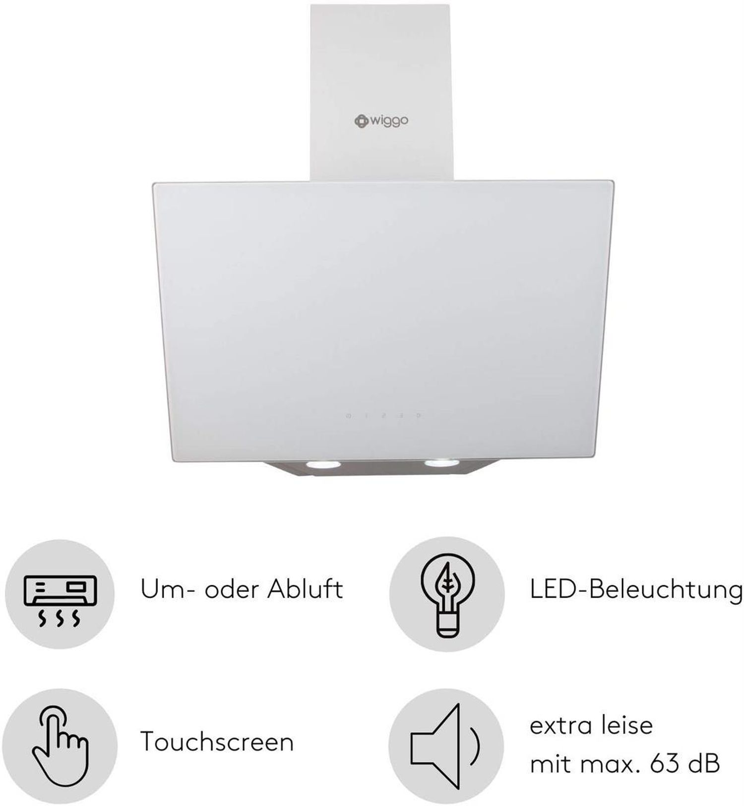 Weiße Dunstabzugshaube mit Bedienfeldern: Um-/Abluft, LED, Touchscreen, leise.