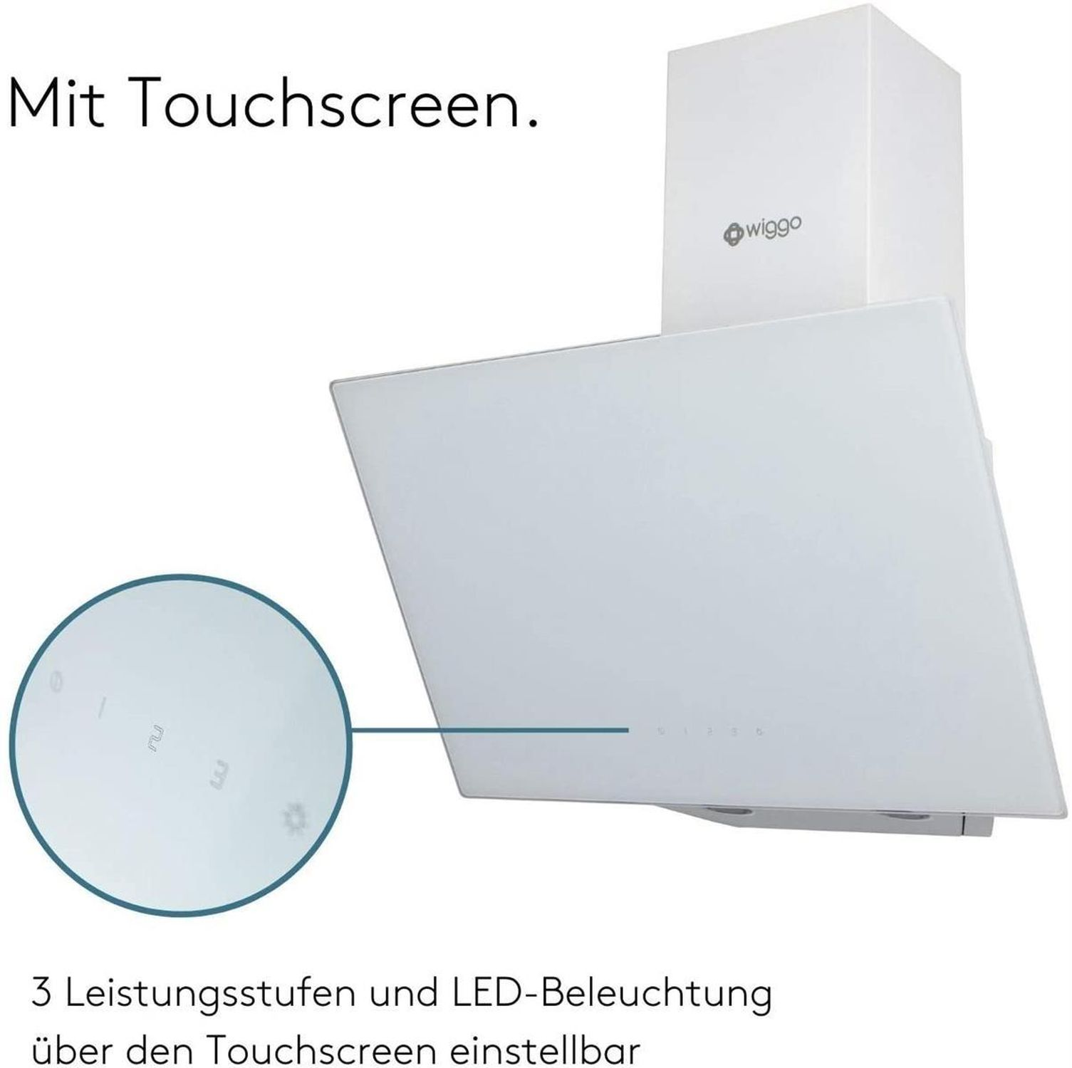 Weiße Dunstabzugshaube mit Touchscreen-Bedienfeld und Wiggo-Logo.