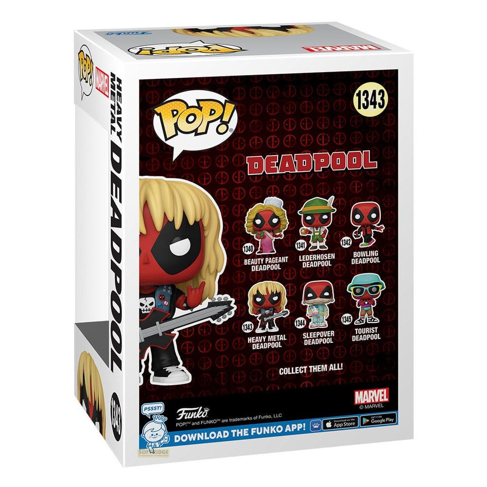 Scatola Funko Pop! Deadpool con molteplici design di figure di Deadpool.
