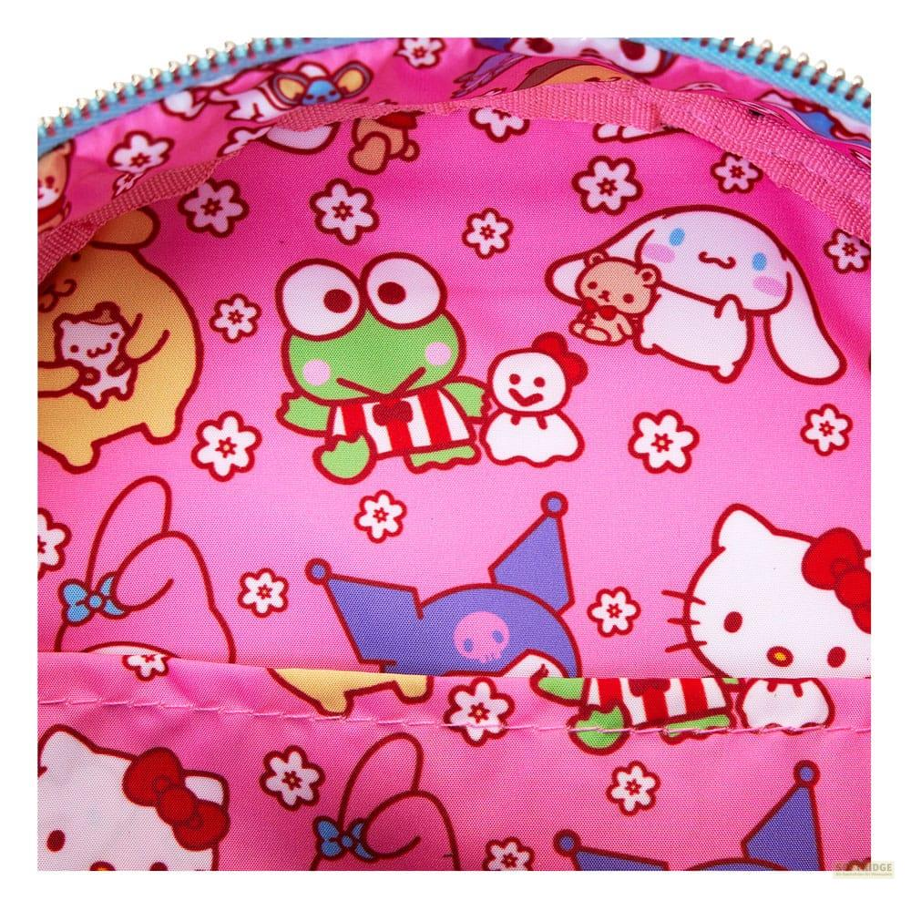 Una tela rosa con muchos personajes kawaii como Hello Kitty, Keroppi y My Melody.