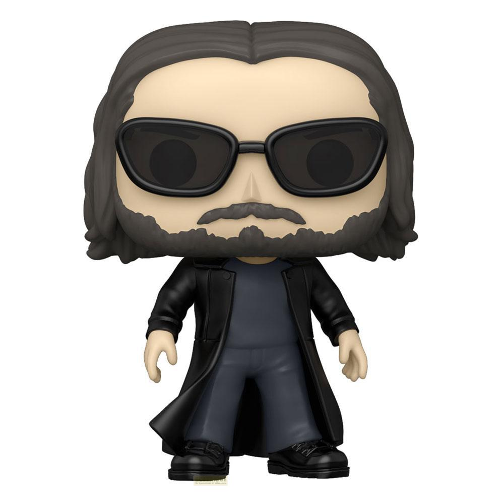 Un Funko Pop! di John Wick con capelli lunghi, occhiali da sole, barba e cappotto nero.