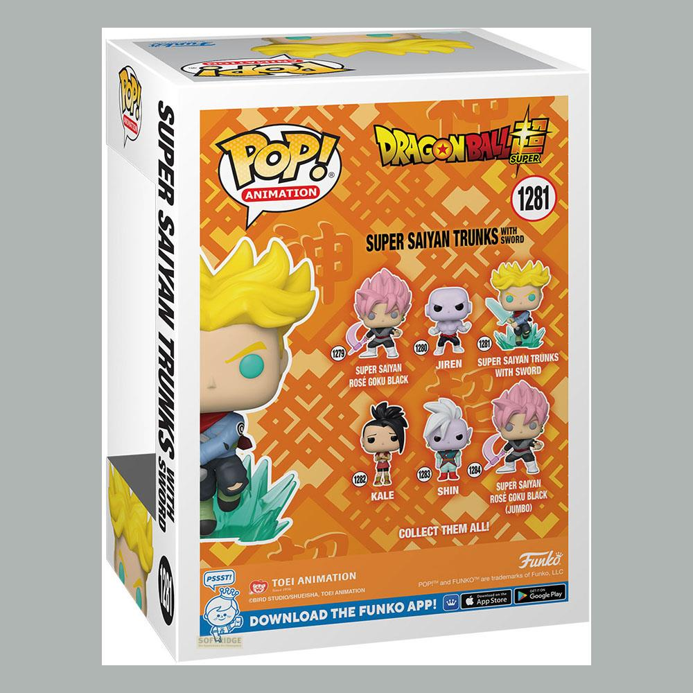 Pudełko Funko Pop! z postaciami Dragon Ball: Super Saiyan Trunks z mieczem.