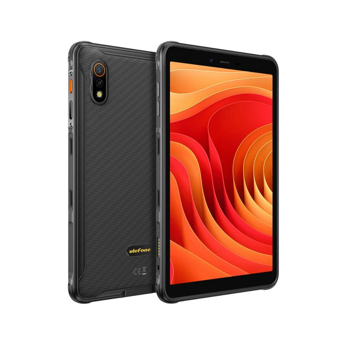 Robustes schwarzes Smartphone mit orangem Hintergrundbild, Kameras auf der Rückseite.
