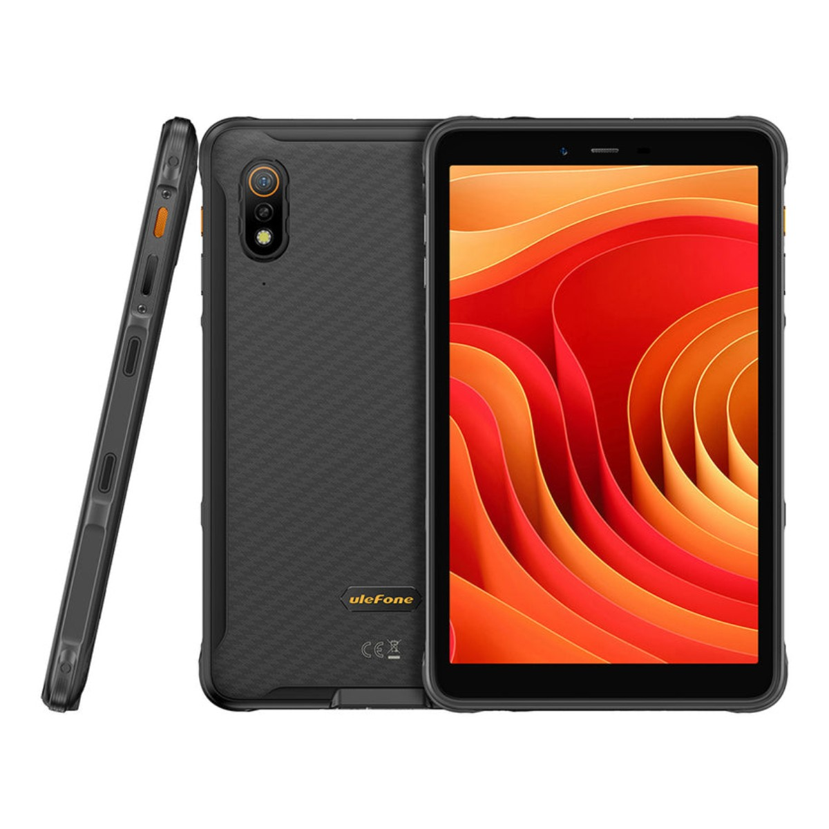 Robustes Tablet mit texturierter schwarzer Rückseite, Kamera und lebendigem orange-rotem abstrakten Hintergrundbild.