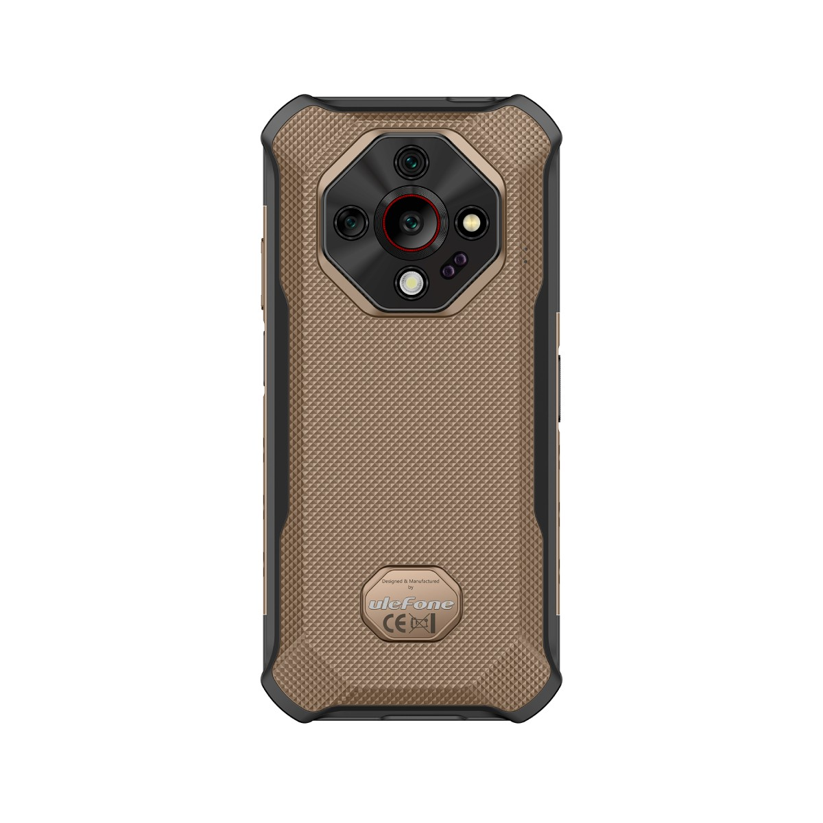 Tył wytrzymałego smartfona z wieloma aparatami i teksturowanym wykończeniem.