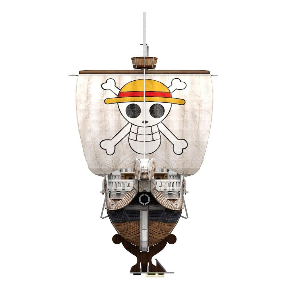Un barco con vela de calavera con sombrero de paja y huesos cruzados.