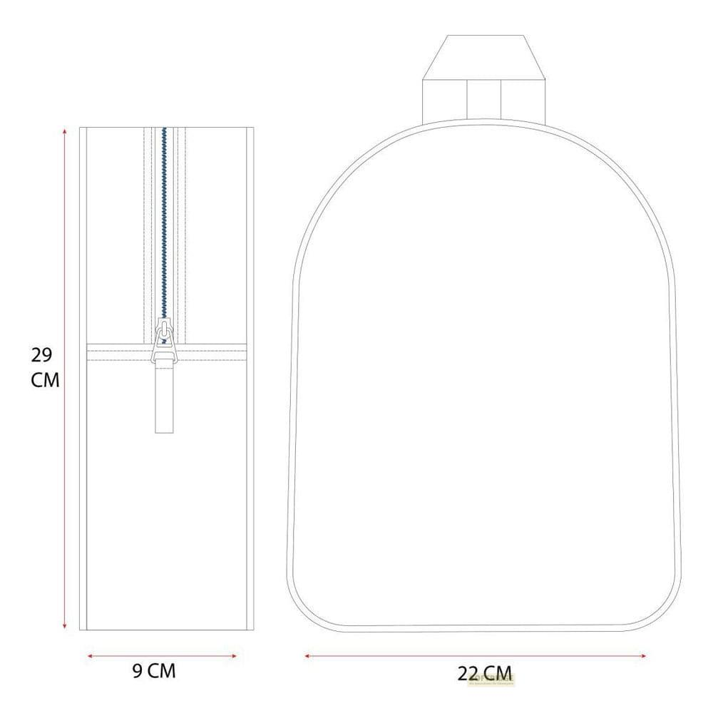 Zeichnung eines Rucksacks mit Maßen: 29x9 cm (links) und 22 cm (rechts).