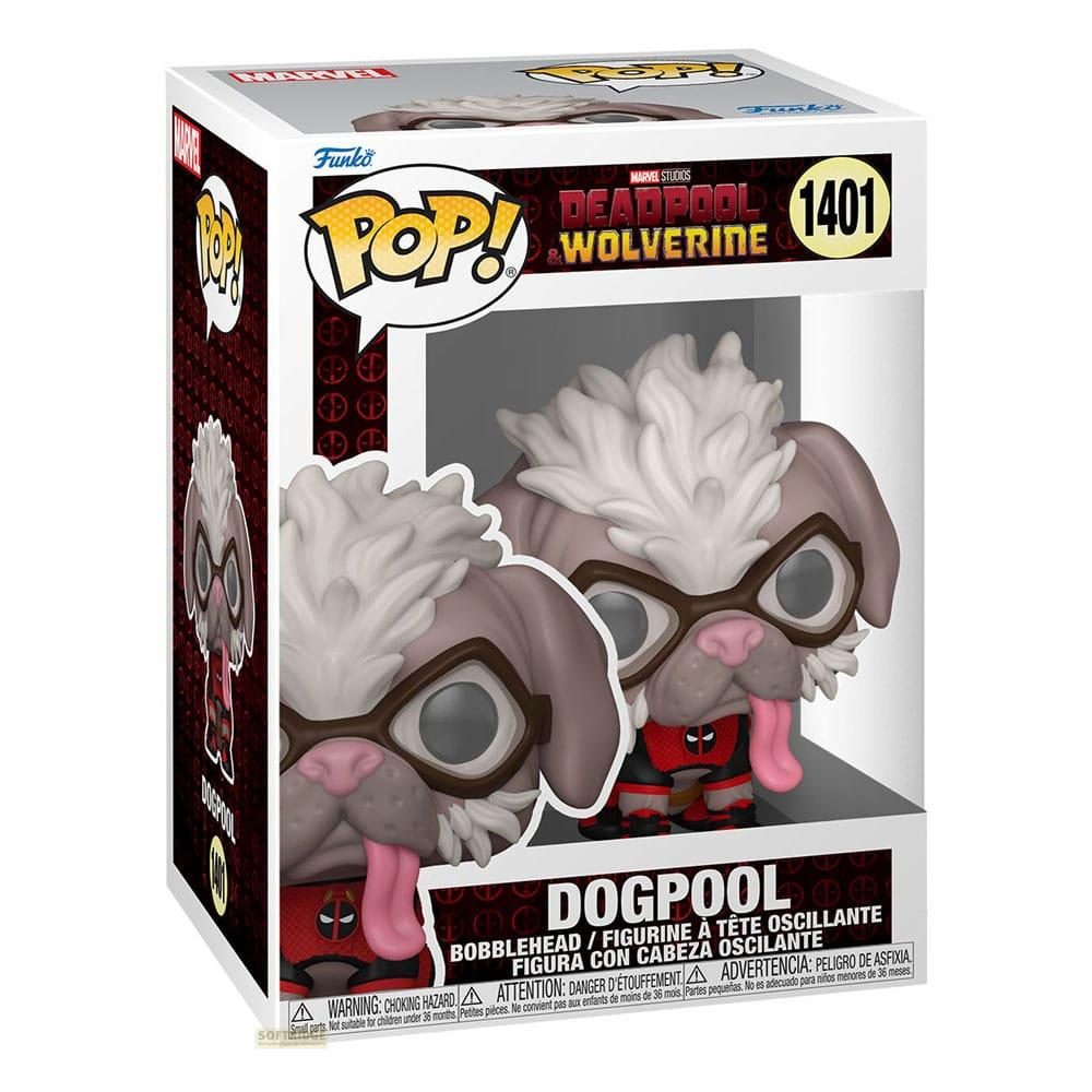 Figura Funko Pop! Dogpool en caja, con gafas y traje de Deadpool.
