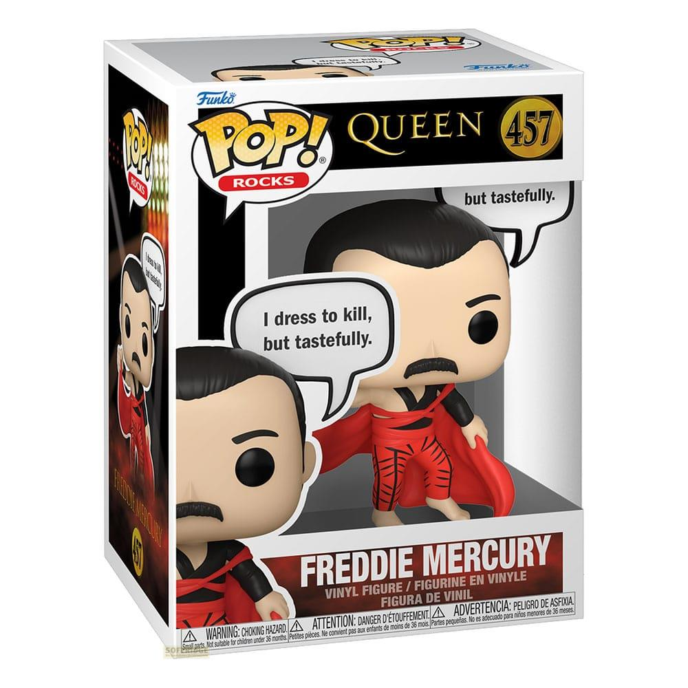 Figurka Funko Pop! Freddie Mercury w czerwonym stroju, czarne włosy i wąsy.